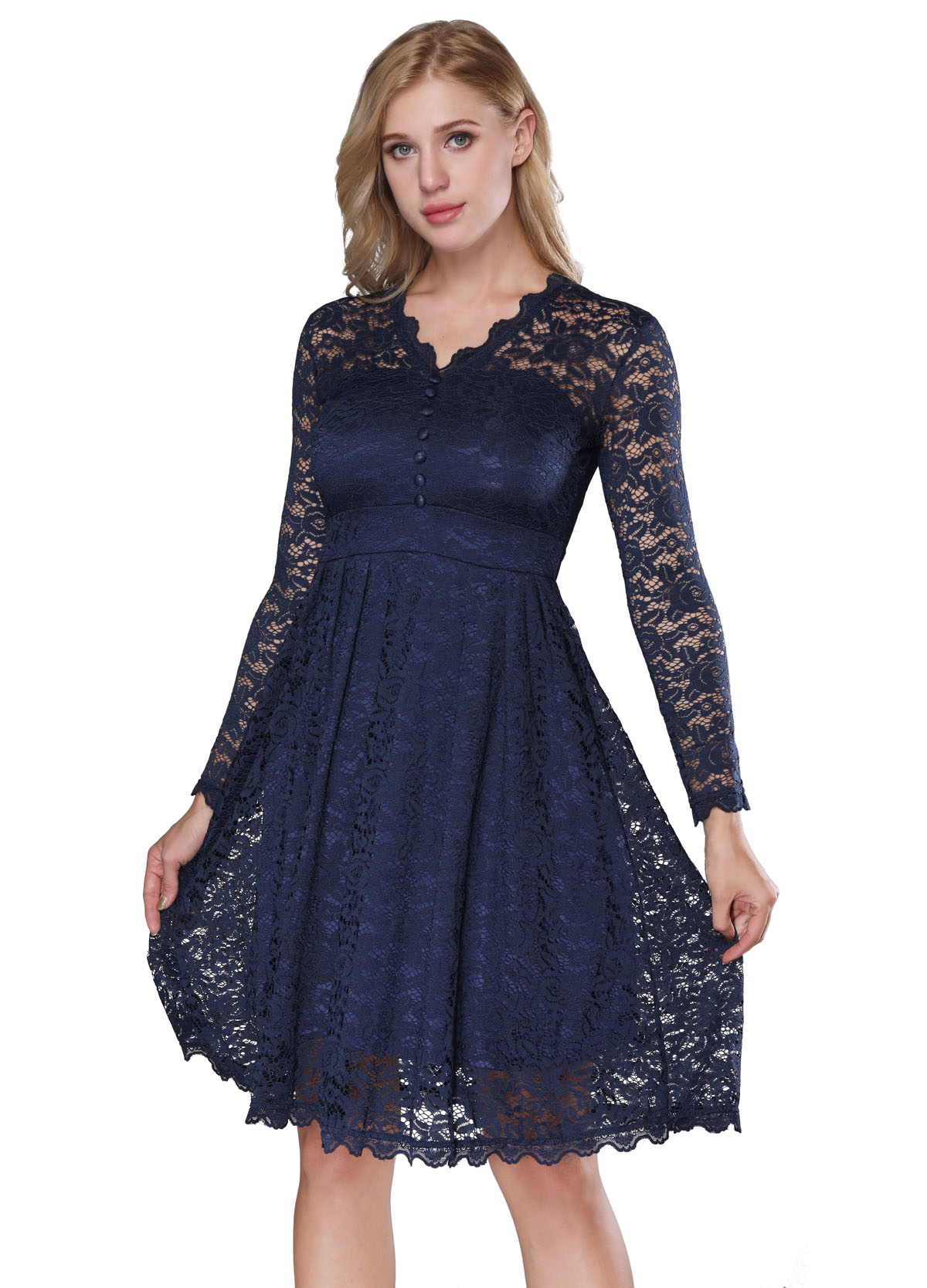 F2528-1 Retro Floral Lace Long Sleeve Vintage Swing Cocktail Bridesmaid Dress